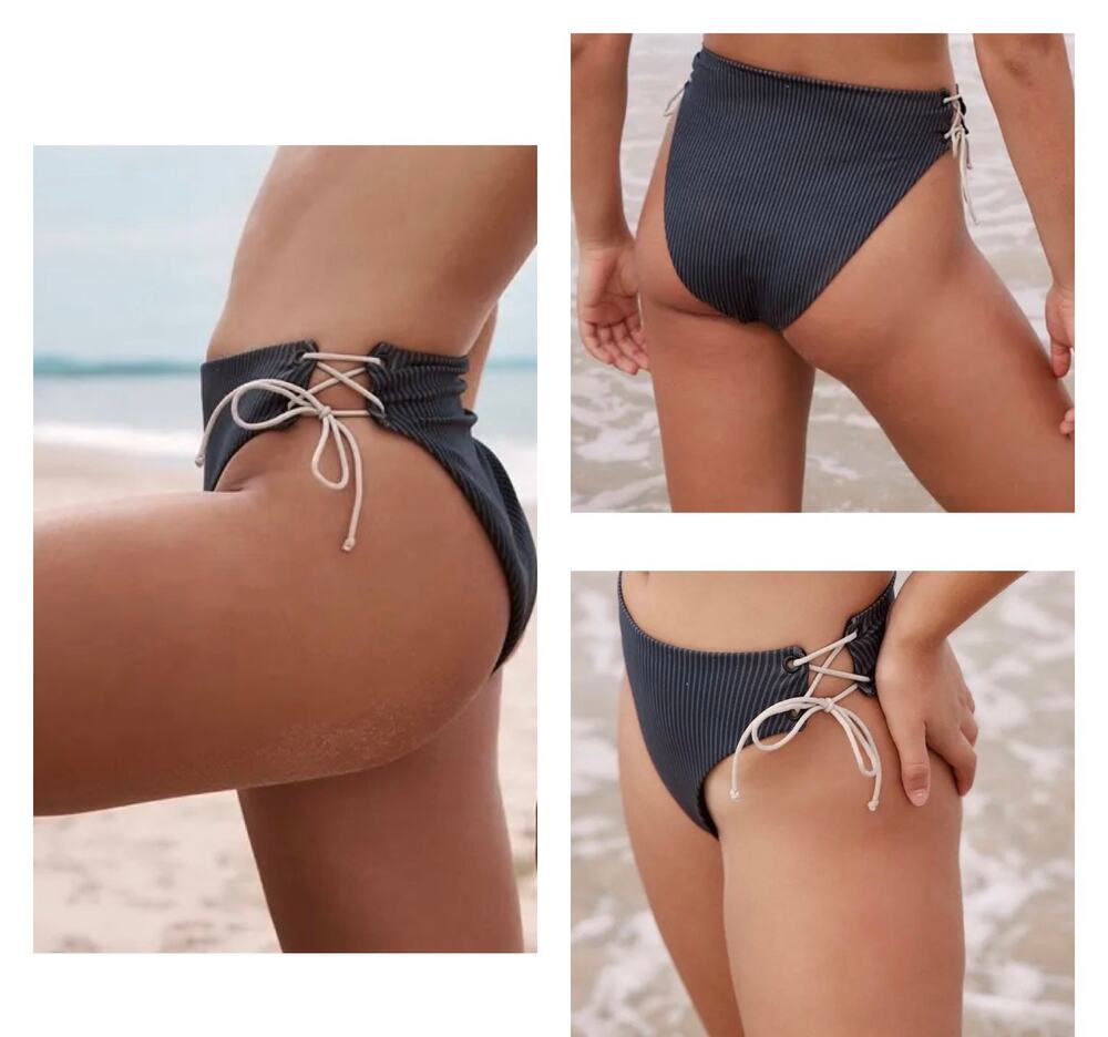 Ziah Goulue High Rise Side Tie Detail Gray White Pinstripe Bikini Bottom Size 14